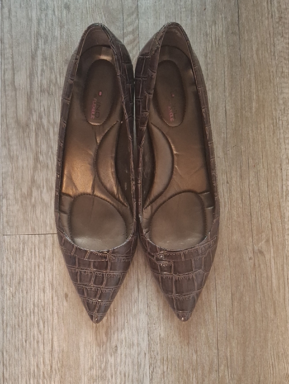 Pointed Toe Brown Croc-Embossed Women’s Flats